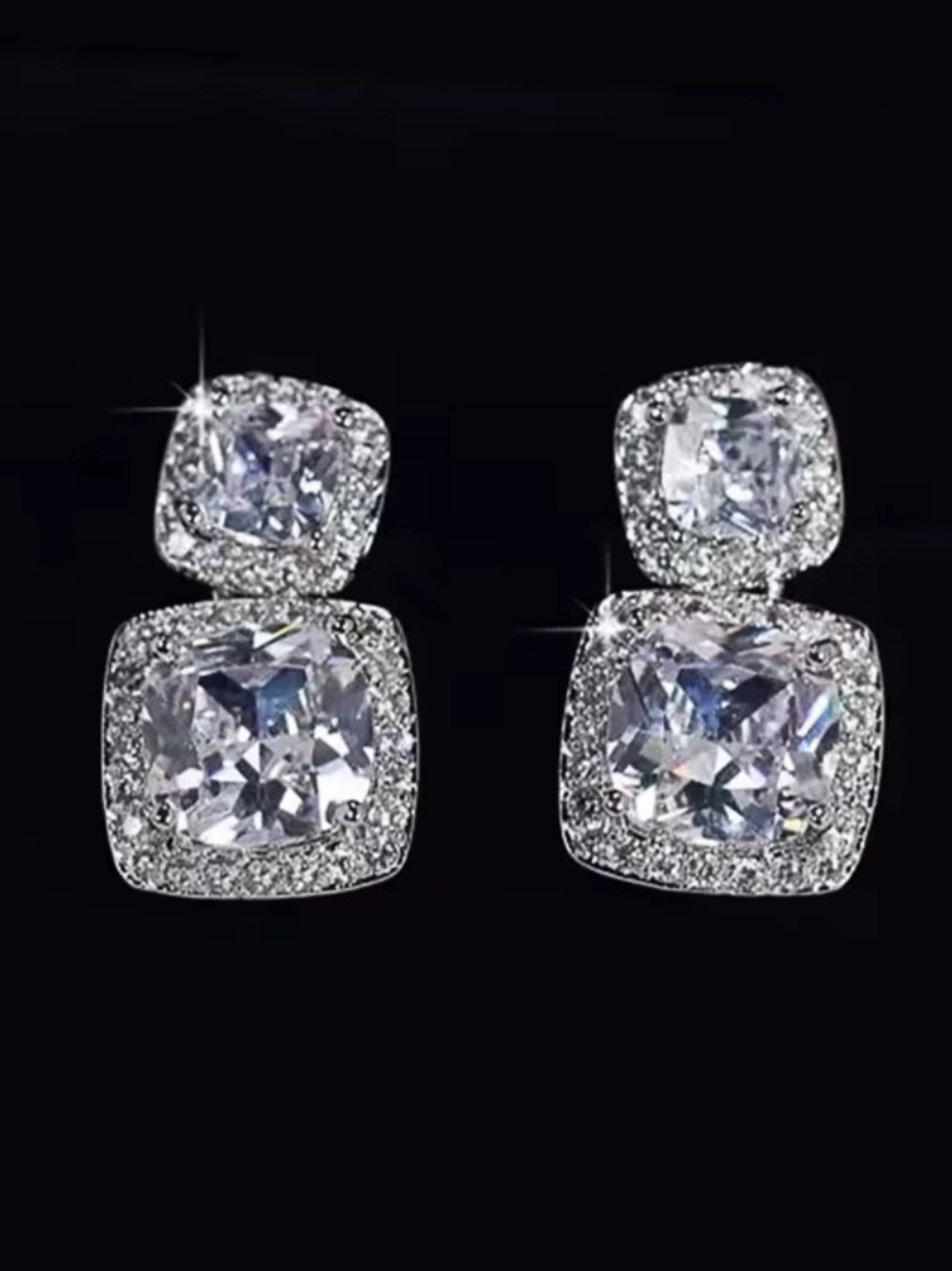 White Rhodium Double Cushion Halo Drop Earrings - Picture 2 of 5